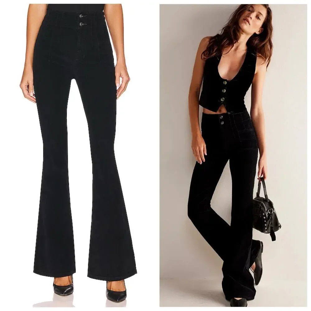 Free People Jayde Cord Flare Pants Size 29 Black Stretch Hi Rise 70s Bohemian